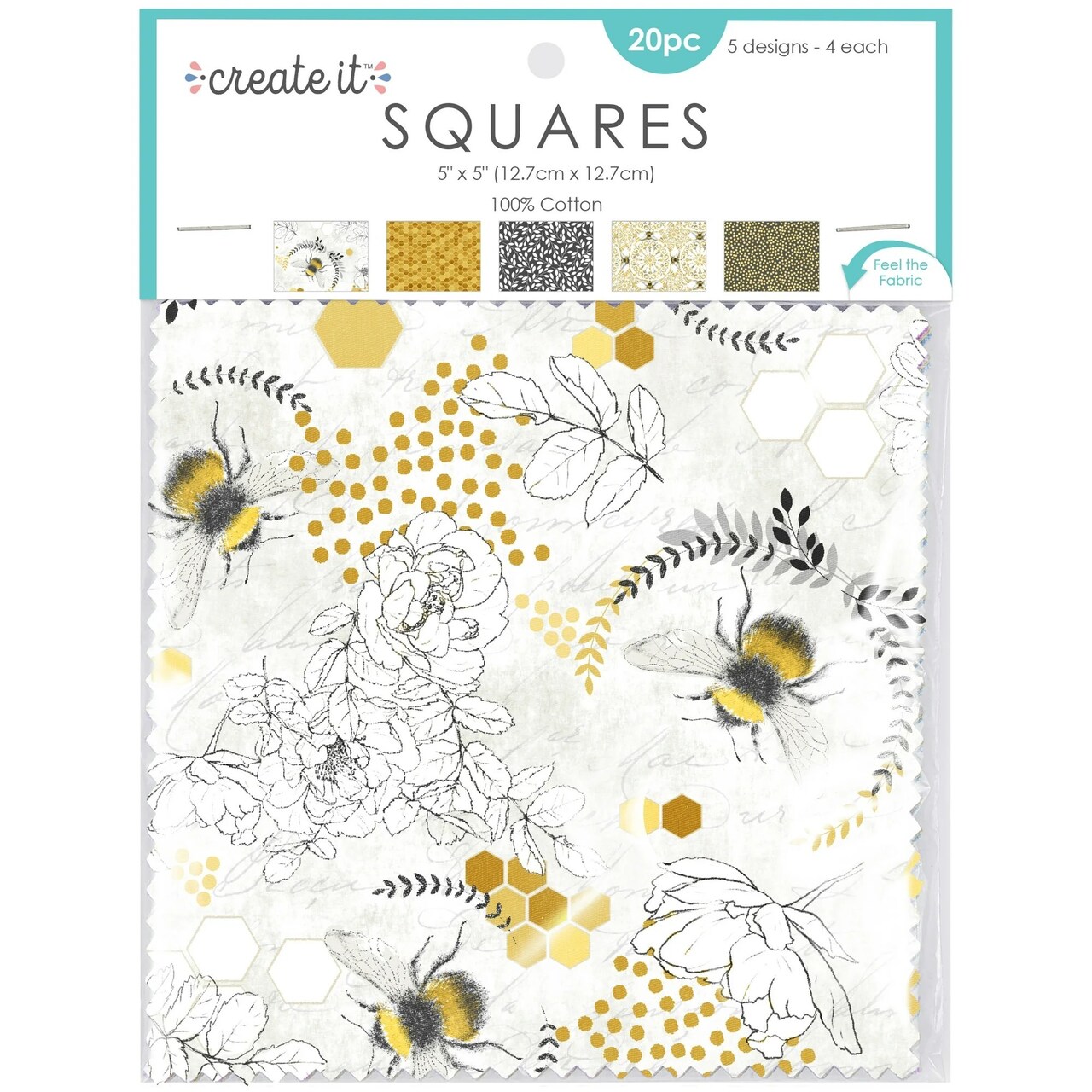 Fabric Squares Bee Prints 20 pc 5"x5" 4 ea of 5 designs 100% Cotton